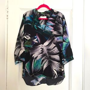 Amanda Uprichard Flowy Feather Print V-Neck Blouse Silk Sz Large